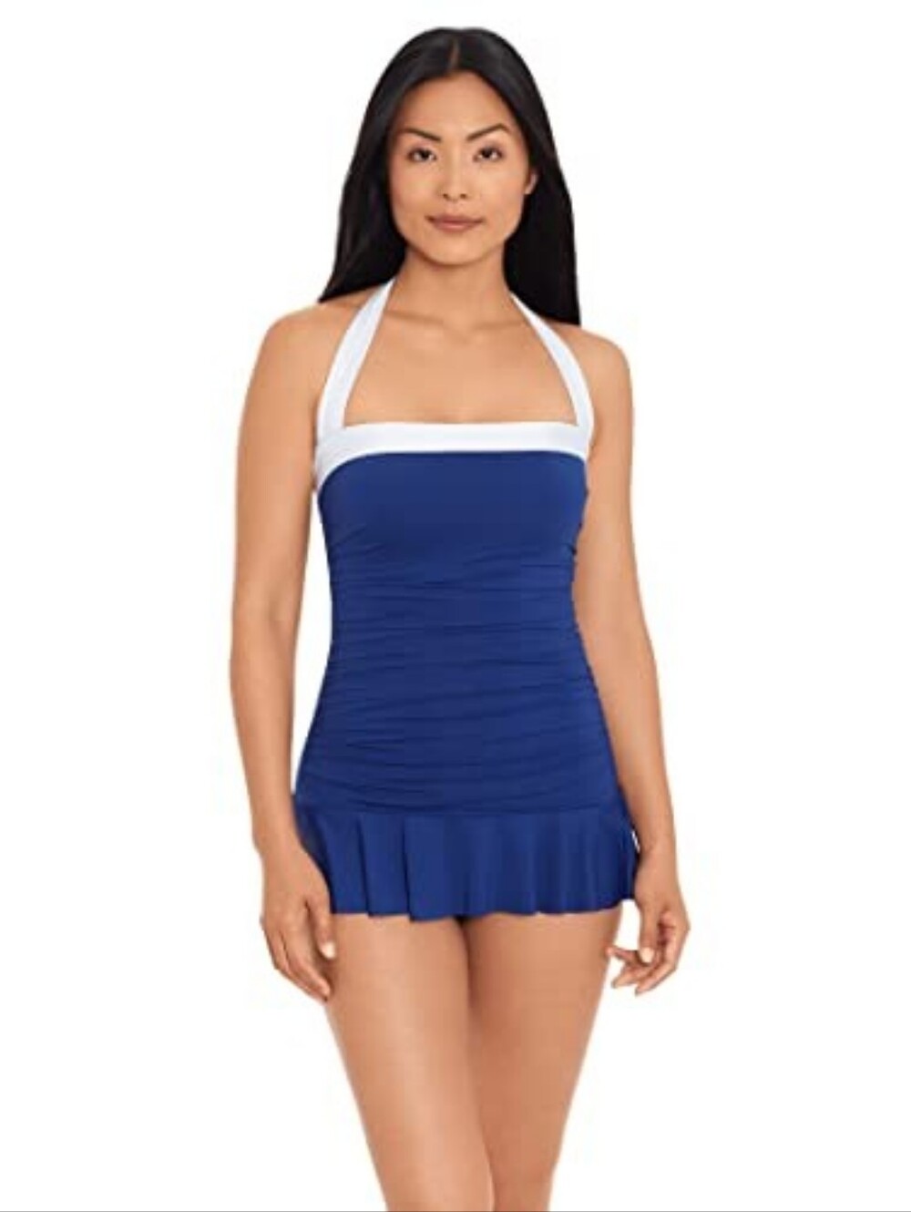Lauren Ralph Lauren Bel Air Skirted Bandeau One-Piece Swimsuit Sz 14 Blue White